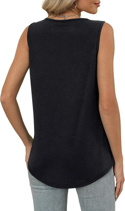 Womens V Neck Tank Top Loose Fit Sleeveless Summer Shirt Ruched Tees and Tanks with Curved Hem