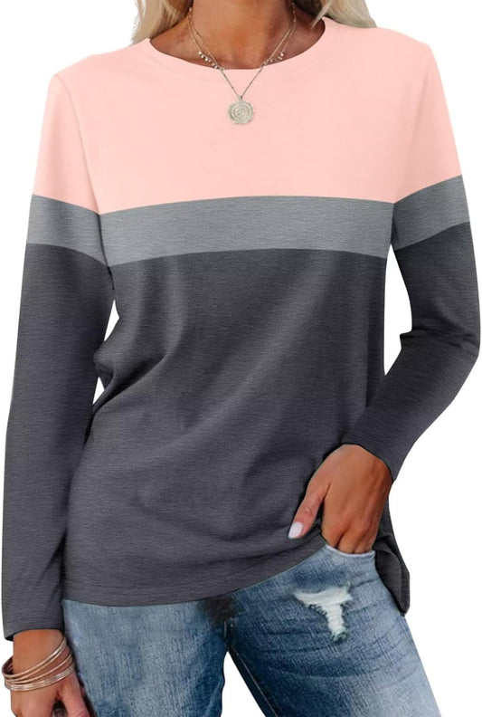 Women Long Sleeve Color Block Tunics Tops Round Neck Shirts Casual Blouses