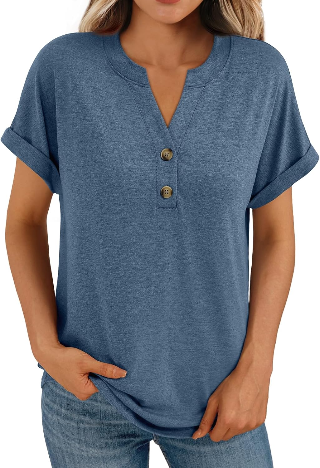 Women's Short Sleeve Shirts Henley Dressy Casual Summer Tops
