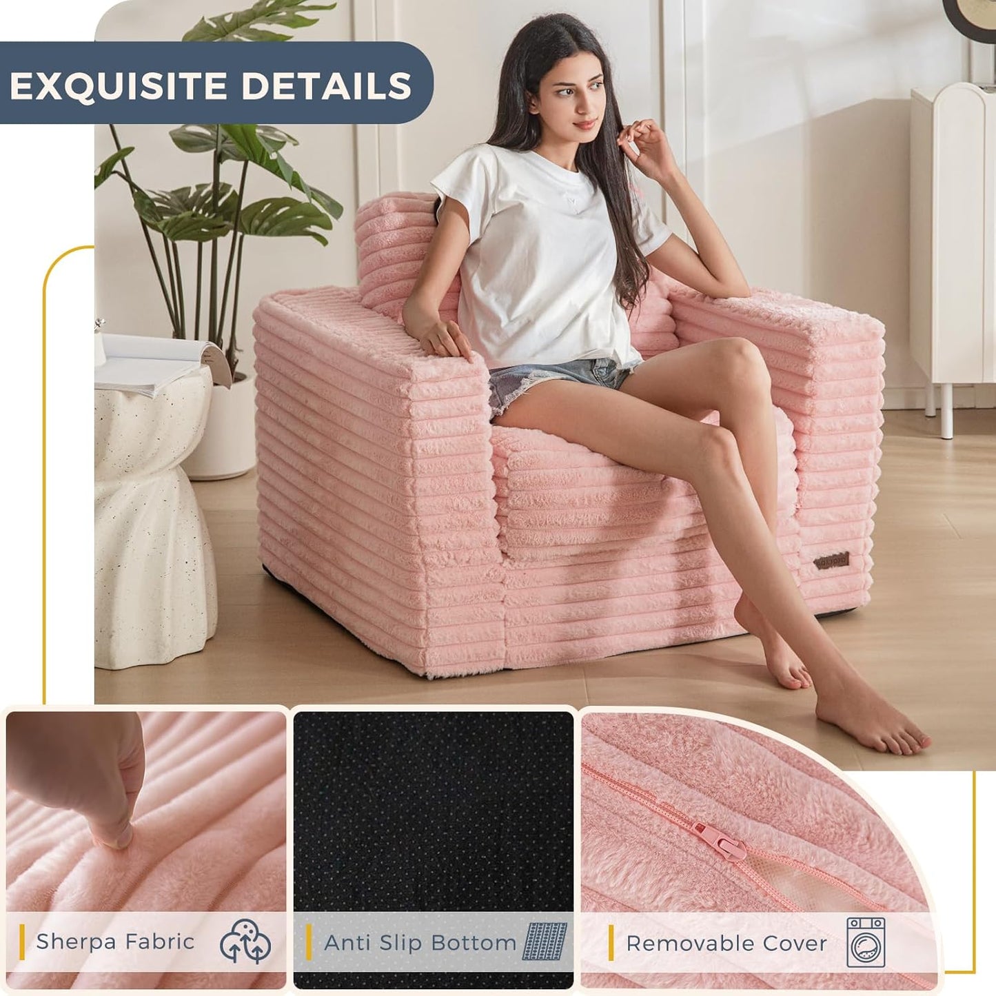 Plush Giant Bean Bag Sofa for Adults Floor Loveseat Chair with Armrests White