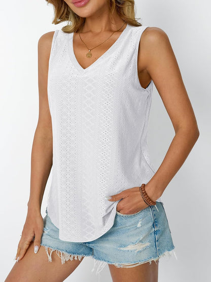 Womens Summer Tank Top Eyelet Embroidery V Neck Sleeveless Loose Fit Casual Shirt