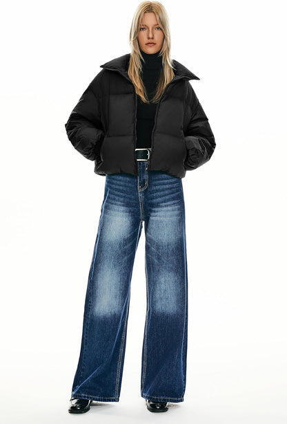 Womens Winter Oversized Cropped Puffer Jacket Zip Up Short Down Coat