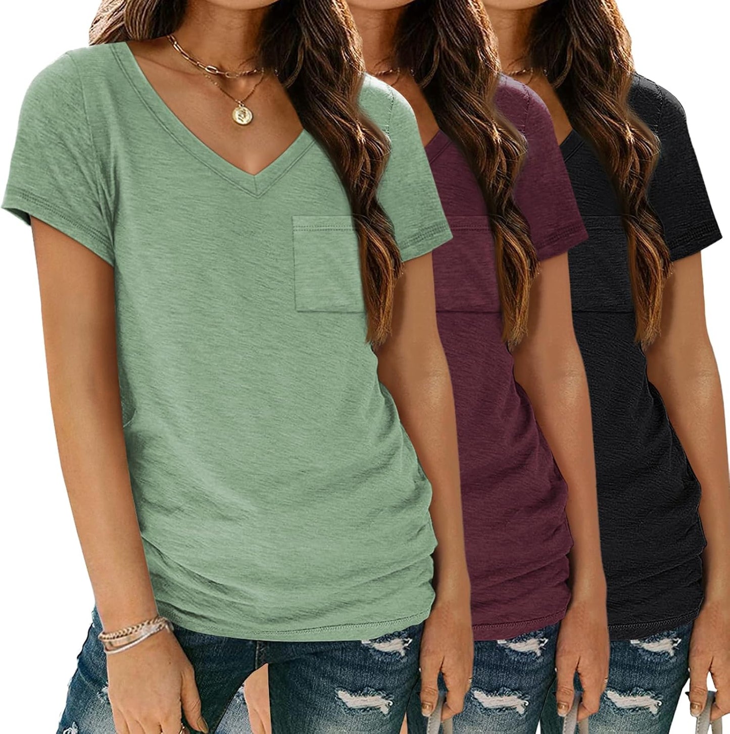 3 Pack Womens V Neck T Shirts Short Sleeve Tees