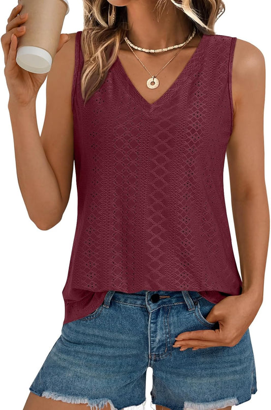 Womens Summer Tank Top Eyelet Embroidery V Neck Sleeveless Loose Fit Casual Shirt