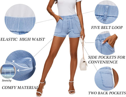 Womens Jean Shorts High Waisted Summer Cotton Elastic Waist Denim Shorts with Pockets