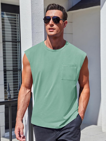 Mens Sleeveless Tank Tops Workout Cut Off Shirts Muscle Gym T Shirts with Pocket