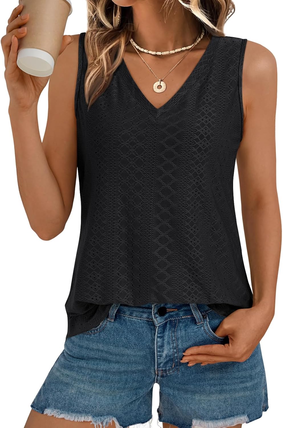 Womens Summer Tank Top Eyelet Embroidery V Neck Sleeveless Loose Fit Casual Shirt