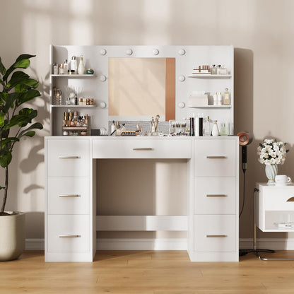 Furmax Vanity Desk with Mirror LED Lights and Power Outlet Makeup Vanity Table