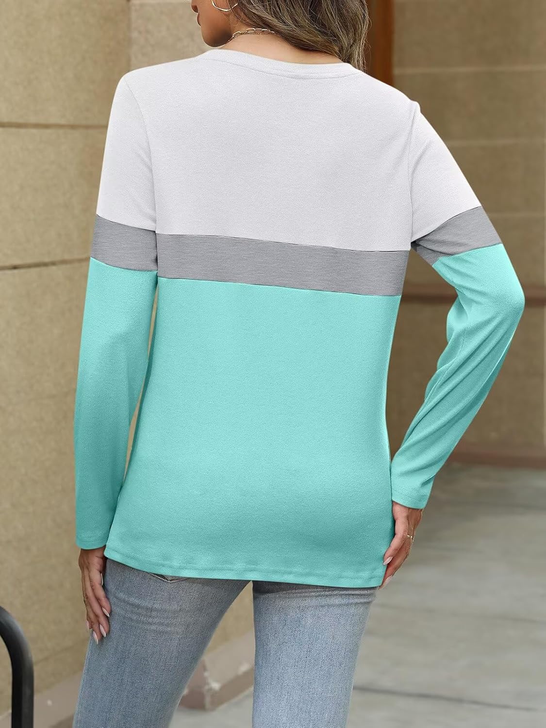 Women Long Sleeve Color Block Tunics Tops Round Neck Shirts Casual Blouses