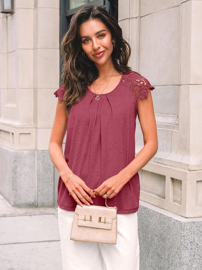 Womens Lace Tops Pleated Short Sleeve Shirts Summer