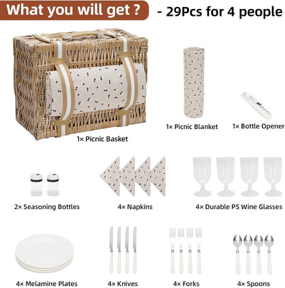 19Pcs Picnic Basket for 2 with Blanket
