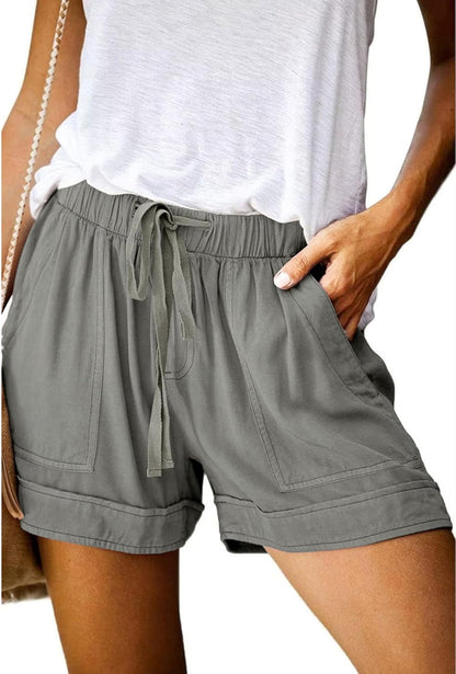 Womens Shorts Summer Comfy Cotton Elastic Waist Drawstring Casual Shorts with Pockets