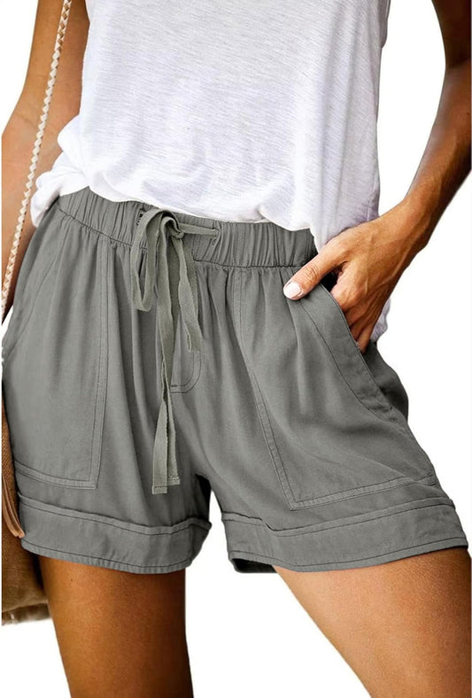 Womens Shorts Summer Comfy Cotton Elastic Waist Drawstring Casual Shorts with Pockets