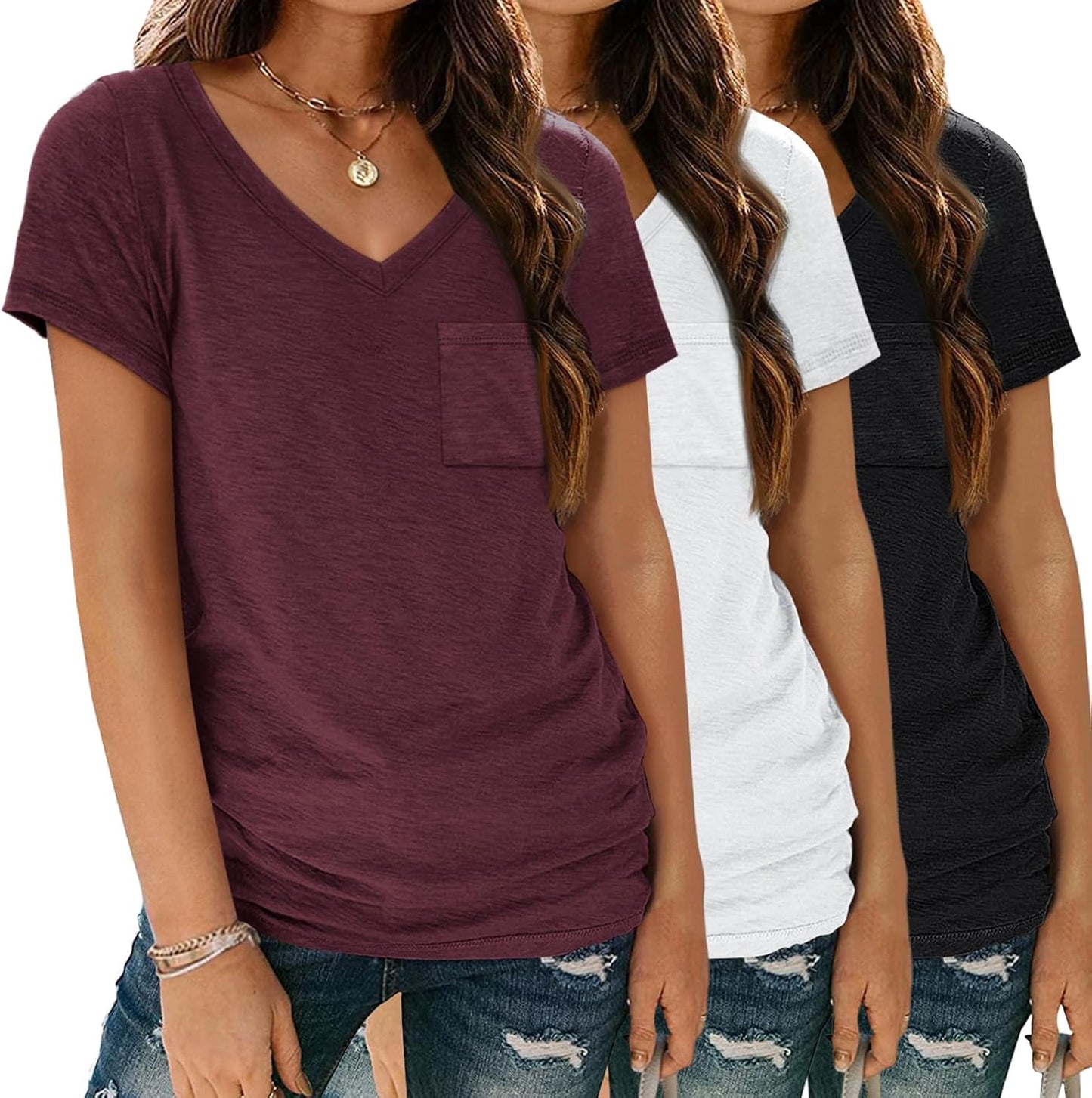 3 Pack Womens V Neck T Shirts Short Sleeve Tees