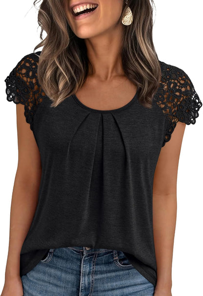 Womens Lace Tops Pleated Short Sleeve Shirts Summer