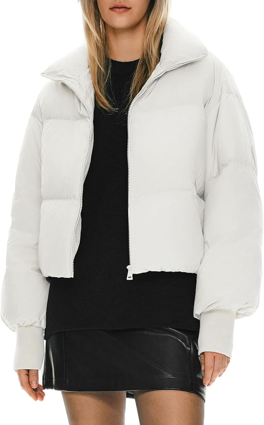 Womens Winter Oversized Cropped Puffer Jacket Zip Up Short Down Coat