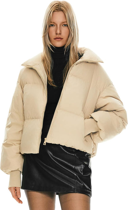 Womens Winter Oversized Cropped Puffer Jacket Zip Up Short Down Coat
