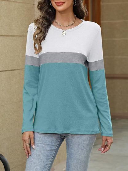 Women Long Sleeve Color Block Tunics Tops Round Neck Shirts Casual Blouses