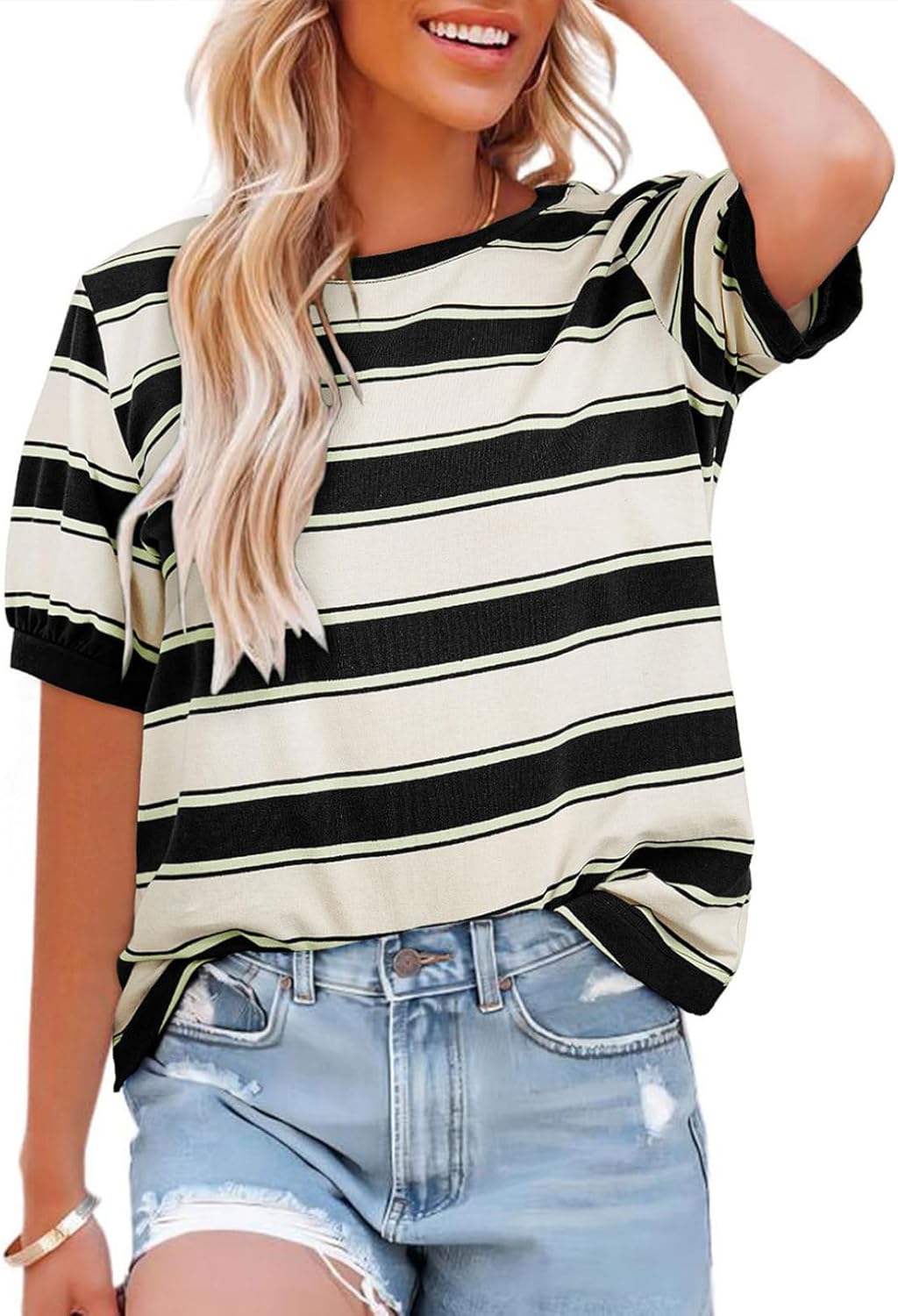 Womens Tops Cotton Casual Color Block Striped Short Sleeve Shirts Crewneck T Shirts