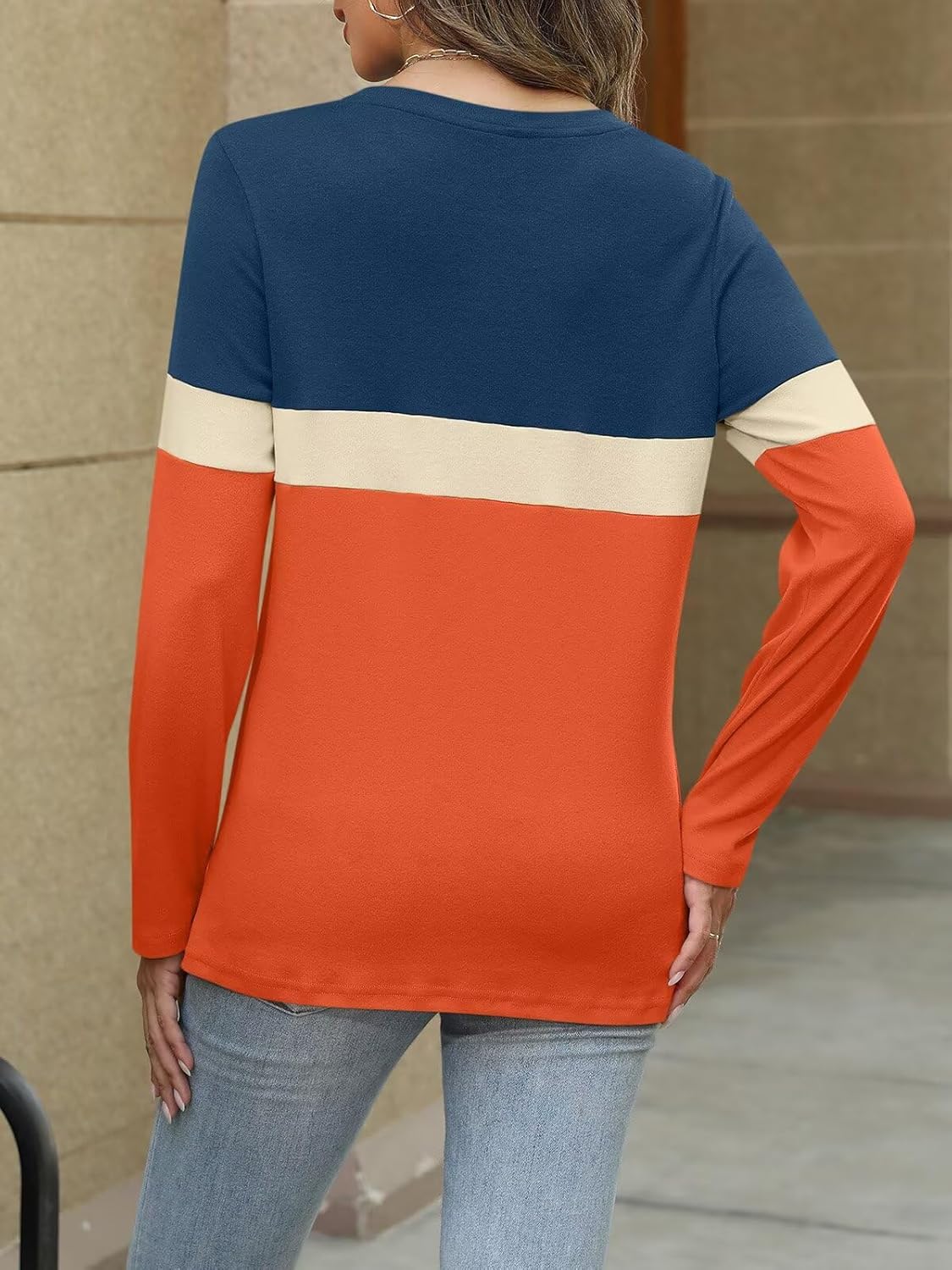 Women Long Sleeve Color Block Tunics Tops Round Neck Shirts Casual Blouses