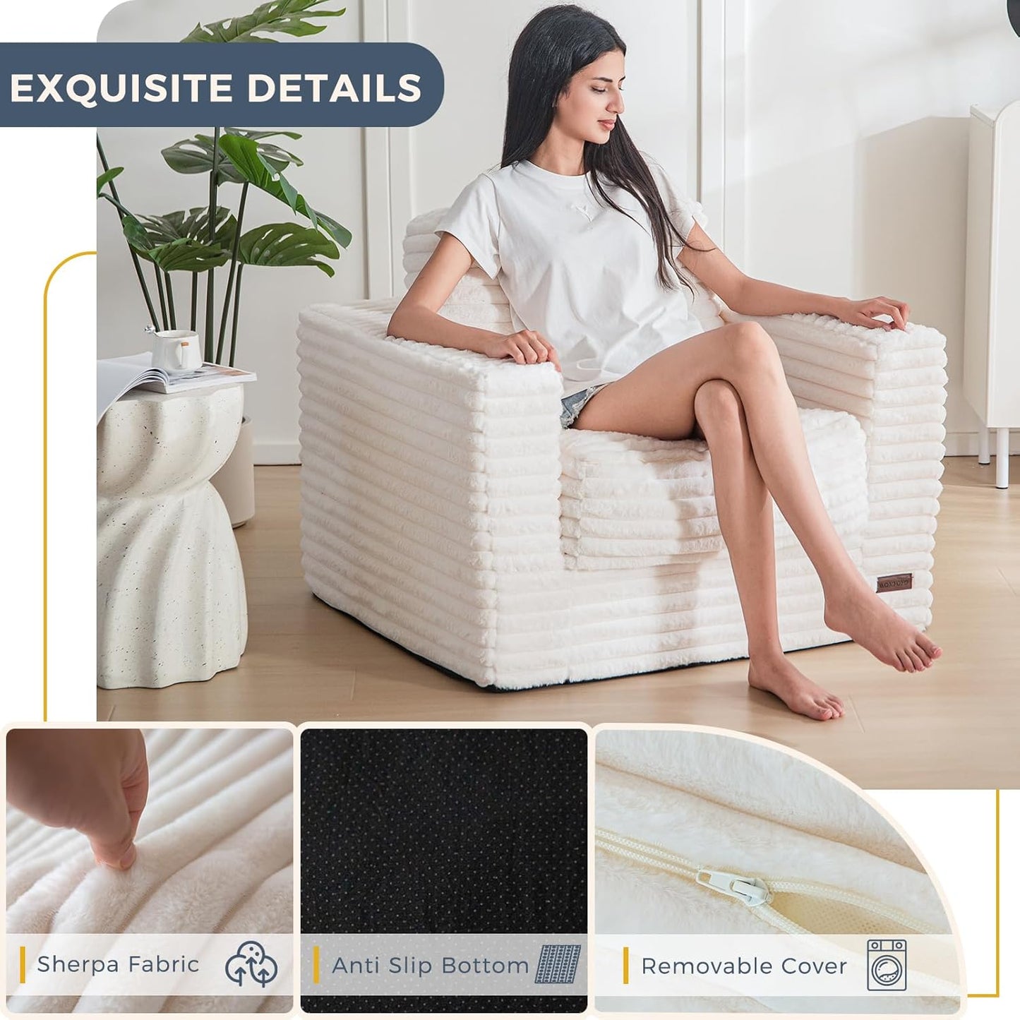 Plush Giant Bean Bag Sofa for Adults Floor Loveseat Chair with Armrests White