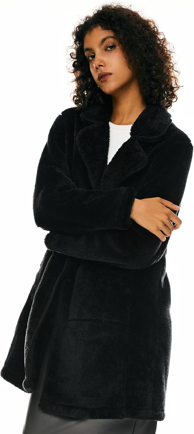Women’s Fuzzy Fleece Faux Fur Jacket with Pockets Open Front