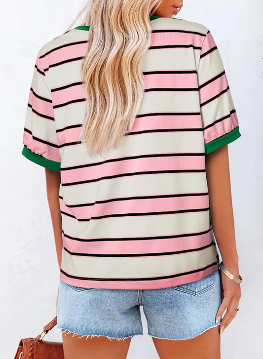 Striped Color Block Short Sleeve T-Shirts Crewneck Casual Loose Basic Tee Blouses