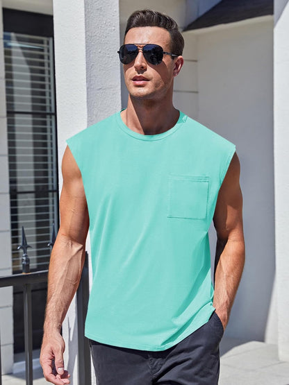Mens Sleeveless Tank Tops Workout Cut Off Shirts Muscle Gym T Shirts with Pocket