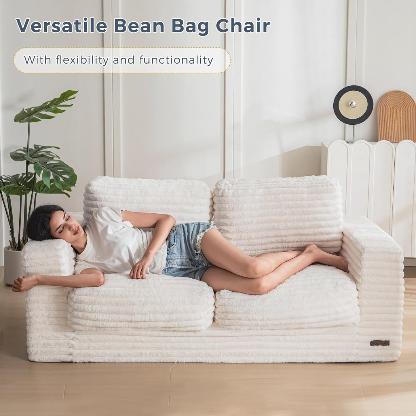 Plush Giant Bean Bag Sofa for Adults Floor Loveseat Chair with Armrests White