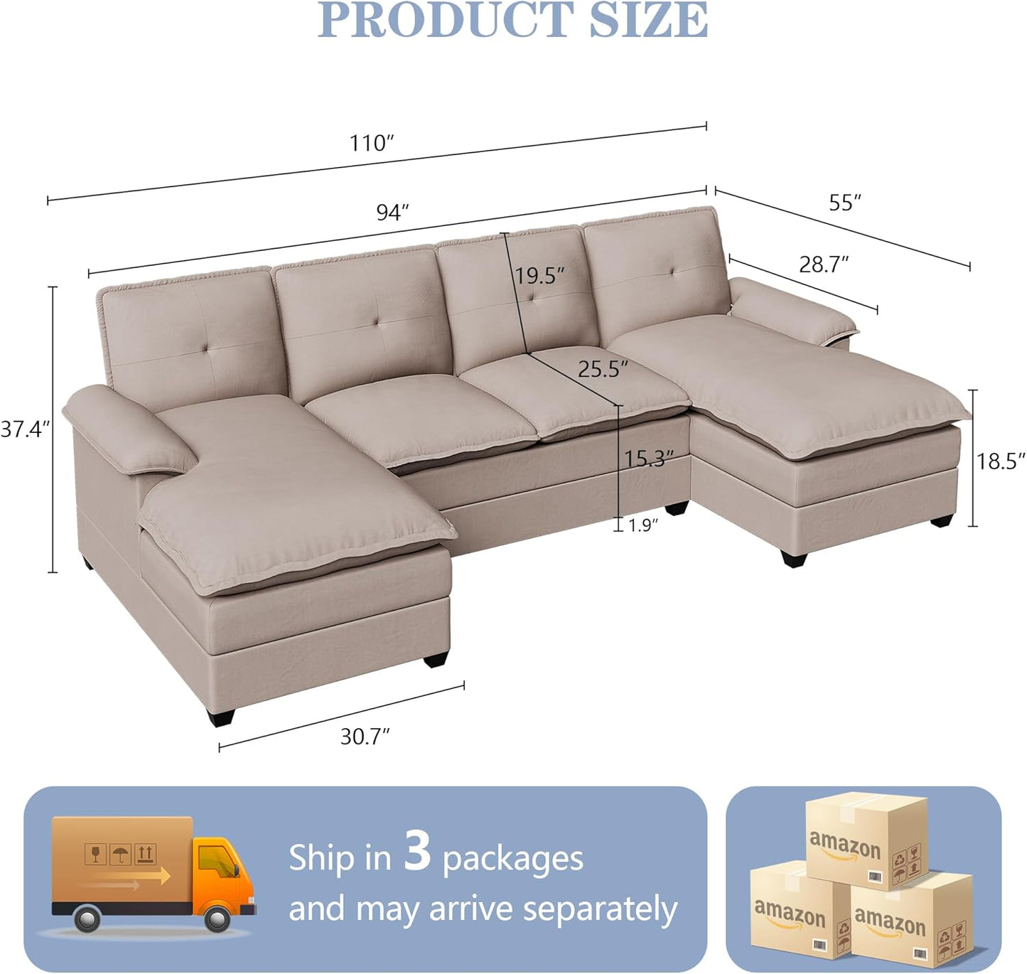 110 Inch U Shaped Sectional Sofa with Double Chaise Black