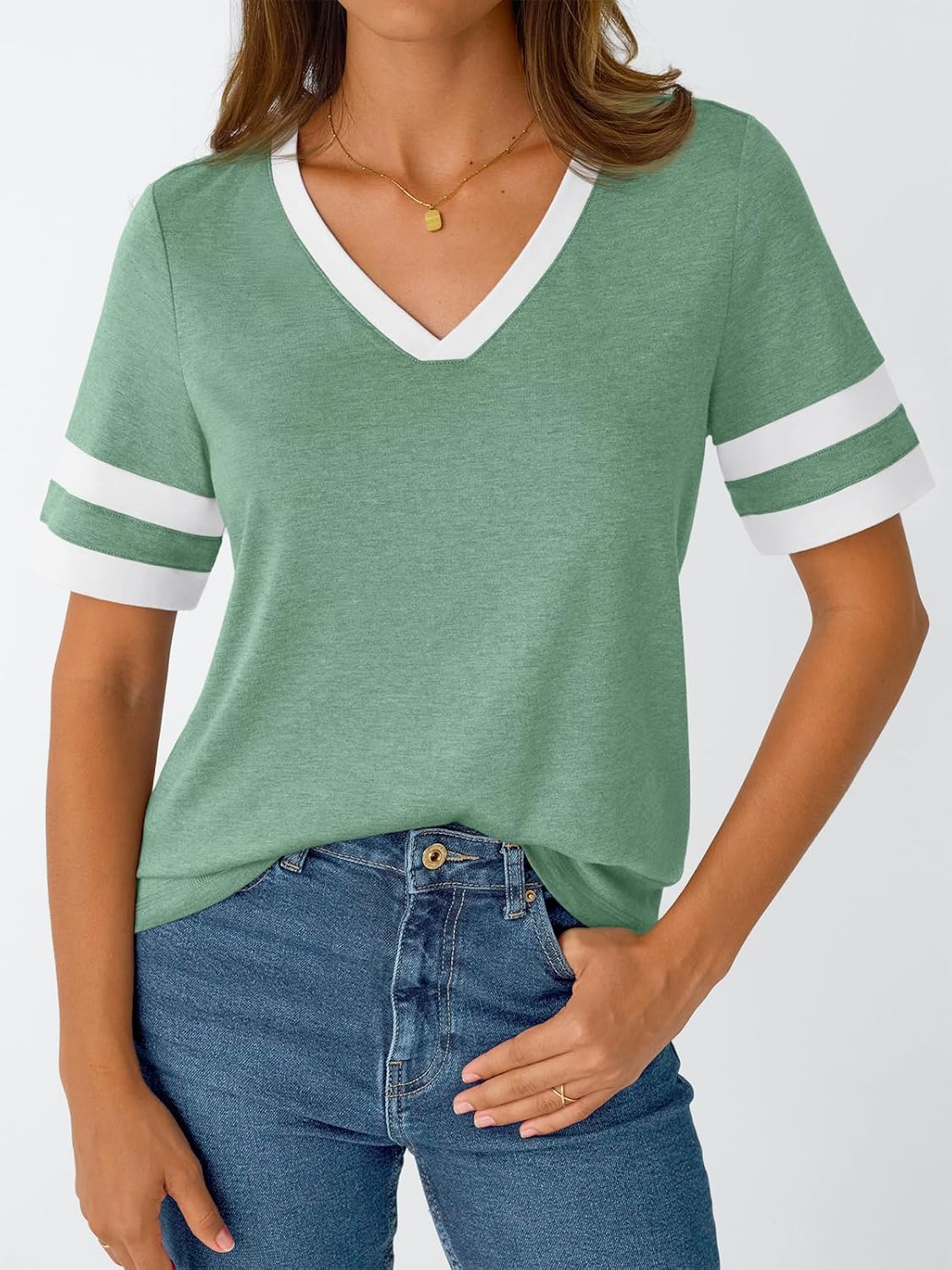 Women's Short Sleeve V Neck T Shirts Trendy Casual Spring Tops