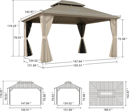 12x20ft Hardtop Gazebo Aluminum Frame Steel Roof Curtains Netting