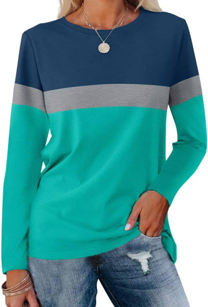 Women Long Sleeve Color Block Tunics Tops Round Neck Shirts Casual Blouses