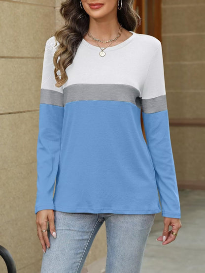 Women Long Sleeve Color Block Tunics Tops Round Neck Shirts Casual Blouses
