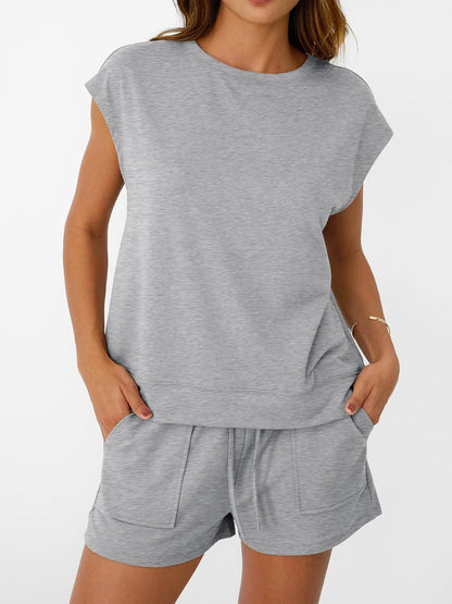 Womens Crew Neck Two Piece short Sets Cap Sleeve Drawstring Sweatsuit with Pocket