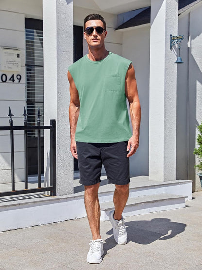 Mens Sleeveless Tank Tops Workout Cut Off Shirts Muscle Gym T Shirts with Pocket