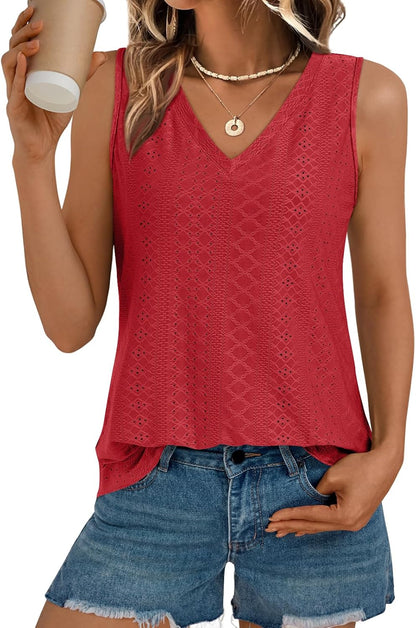 Womens Summer Tank Top Eyelet Embroidery V Neck Sleeveless Loose Fit Casual Shirt