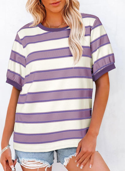 Striped Color Block Short Sleeve T-Shirts Crewneck Casual Loose Basic Tee Blouses