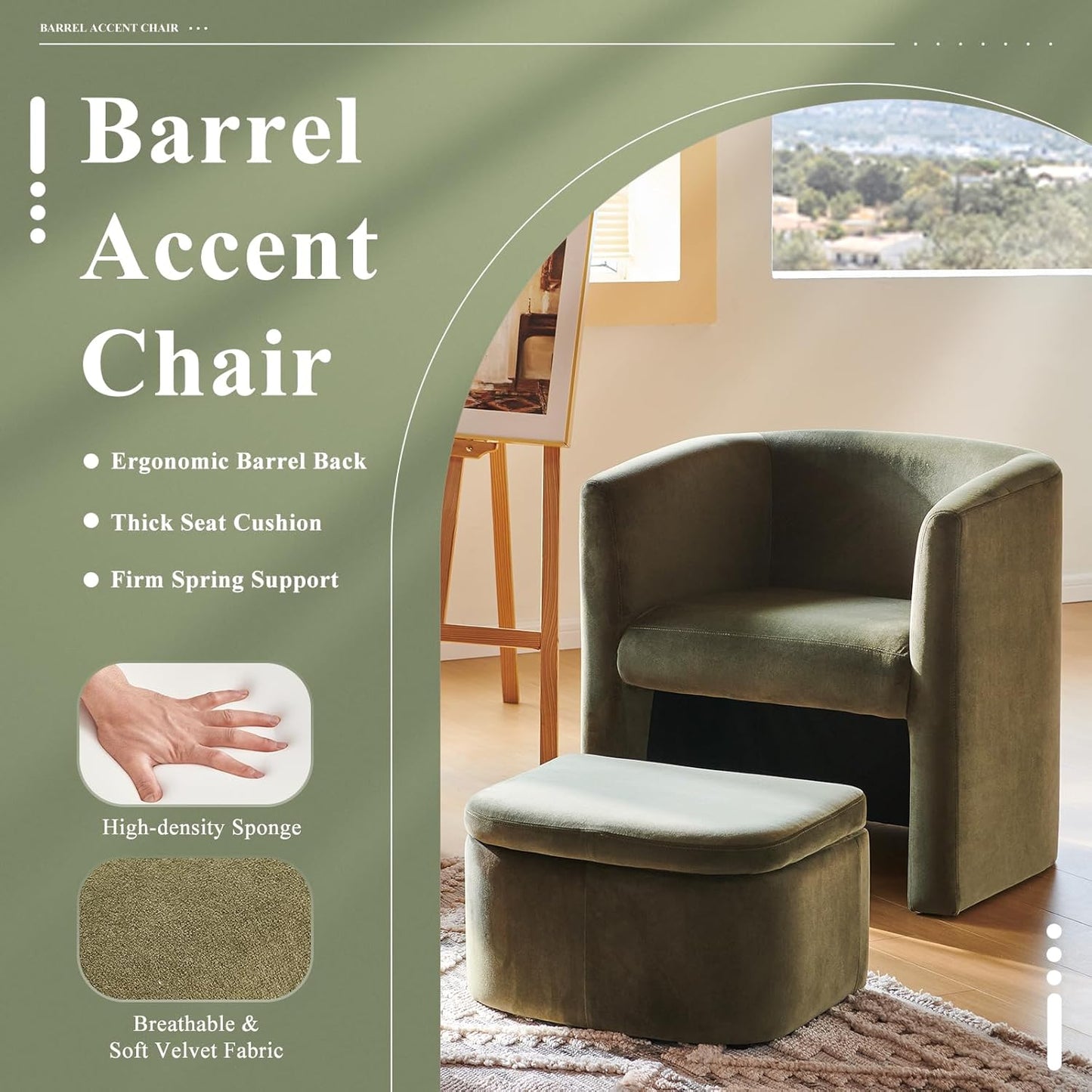 COLAMY Upholstered Velvet Barrel Accent Chair with Storage Ottoman