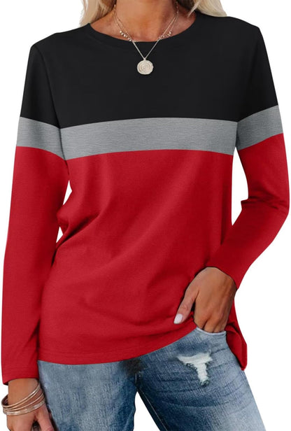 Women Long Sleeve Color Block Tunics Tops Round Neck Shirts Casual Blouses