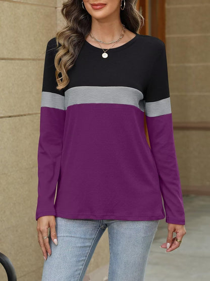 Women Long Sleeve Color Block Tunics Tops Round Neck Shirts Casual Blouses