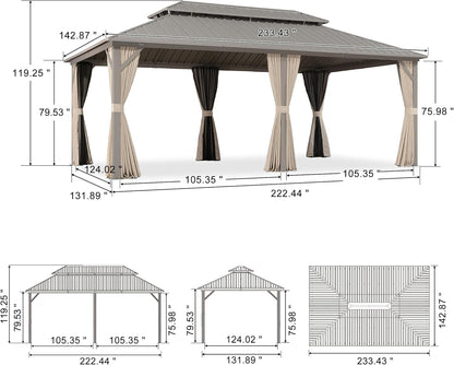 12x20ft Hardtop Gazebo Aluminum Frame Steel Roof Curtains Netting