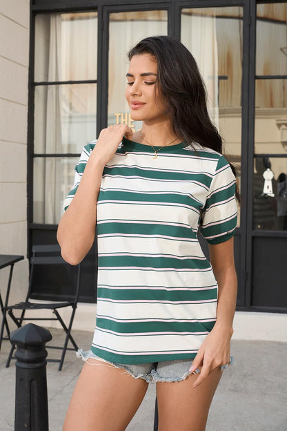 Womens Tops Cotton Casual Color Block Striped Short Sleeve Shirts Crewneck T Shirts