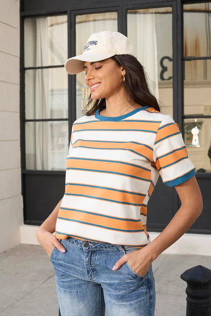 Womens Tops Cotton Casual Color Block Striped Short Sleeve Shirts Crewneck T Shirts