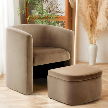 COLAMY Upholstered Velvet Barrel Accent Chair with Storage Ottoman