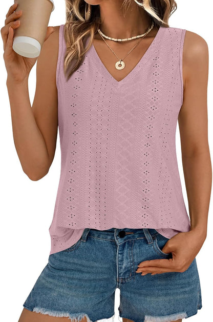 Womens Summer Tank Top Eyelet Embroidery V Neck Sleeveless Loose Fit Casual Shirt