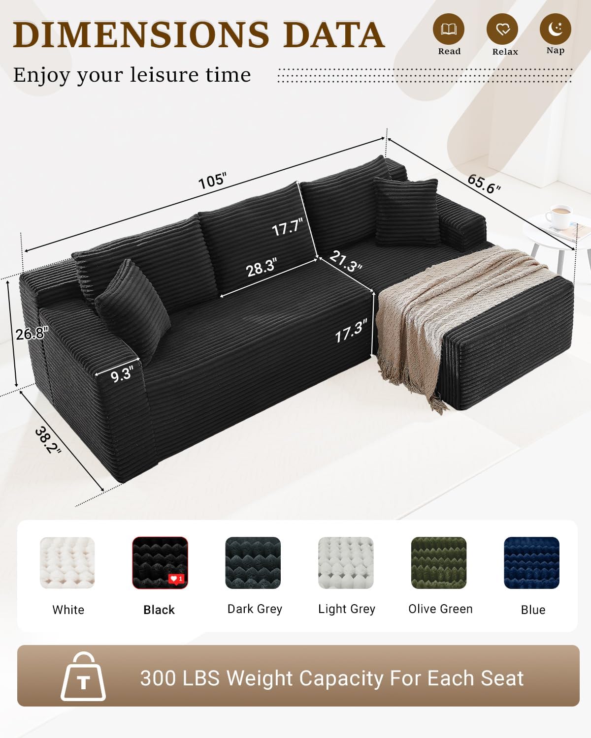 105 Inch Cloud Sectional Couch with Deep Seat