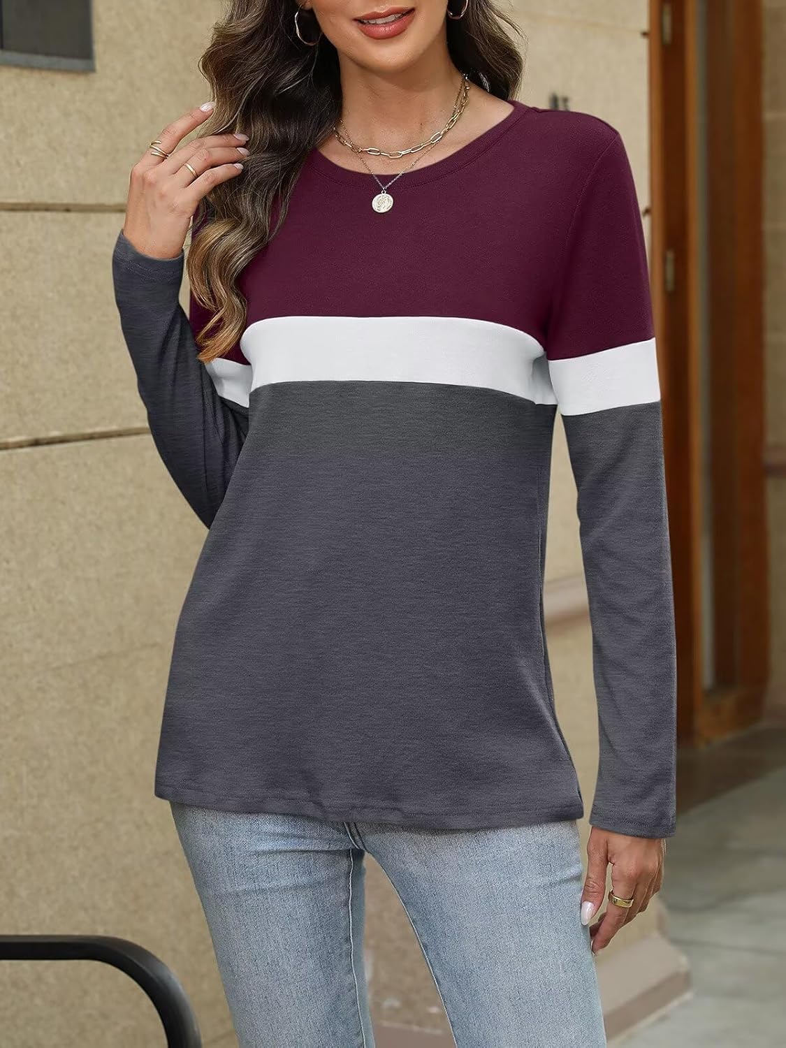 Women Long Sleeve Color Block Tunics Tops Round Neck Shirts Casual Blouses