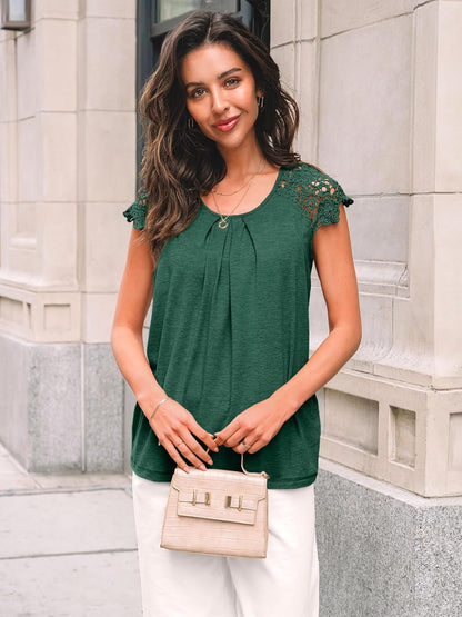 Womens Lace Tops Pleated Short Sleeve Shirts Summer