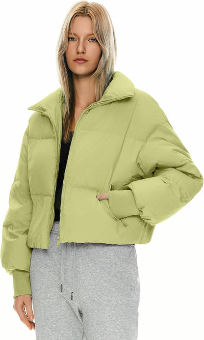 Womens Winter Oversized Cropped Puffer Jacket Zip Up Short Down Coat
